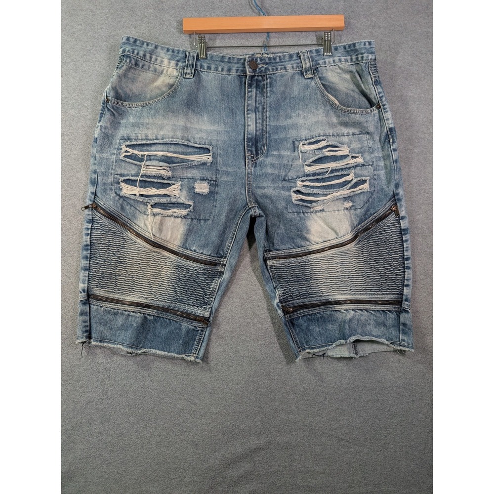Smoke Rise Men's Distressed Moto Denim Shorts Sz 44 Light Wash Y2K Streetwear‎